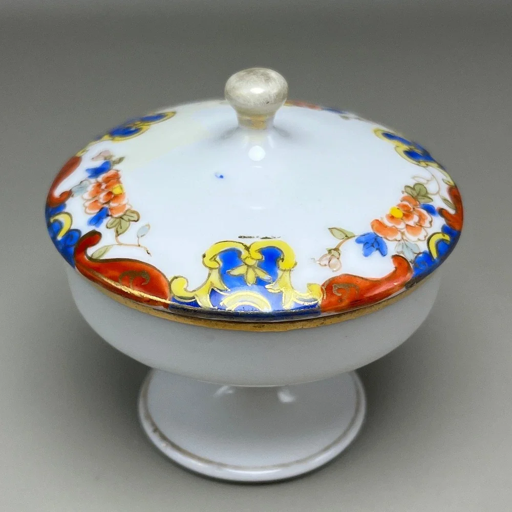Antique Nippon Hand Painted Porcelain Lidded Pedestal Trinket Dish Floral 2.75